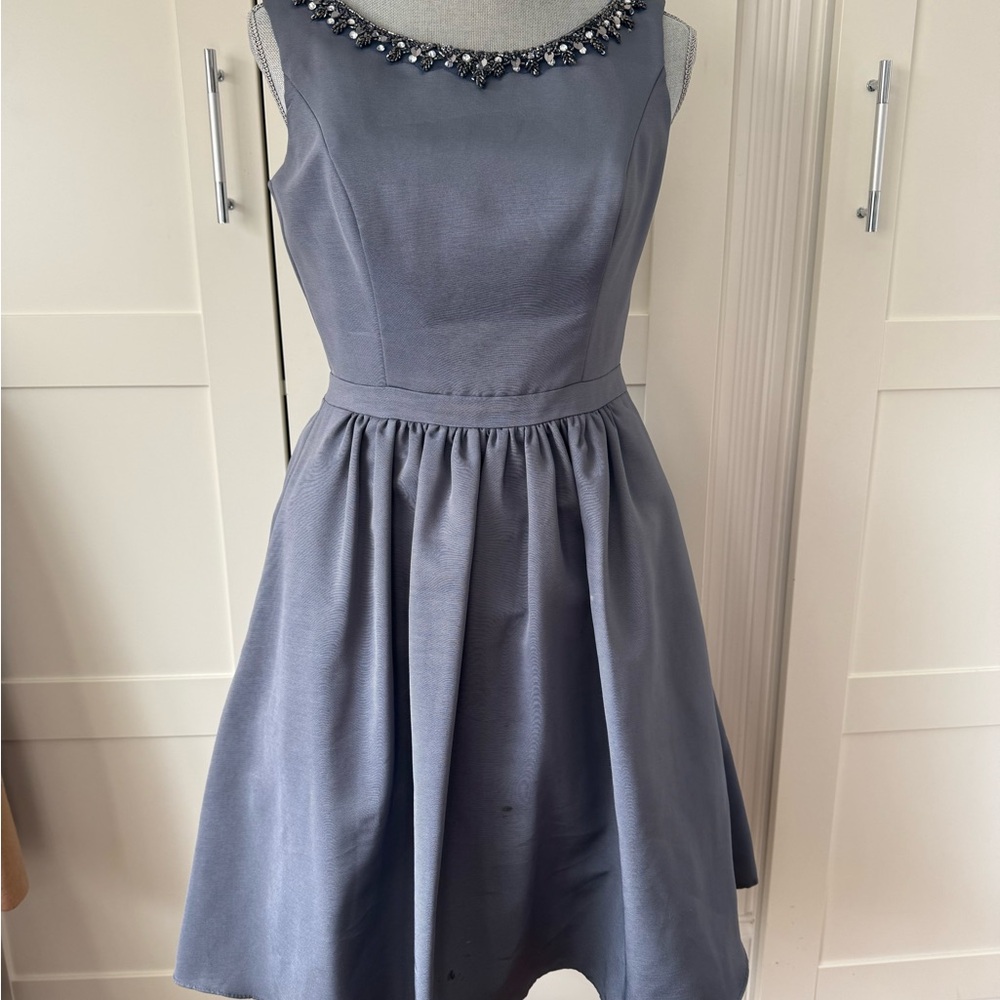 David's Bridal Pewter Embellished Mini Dress